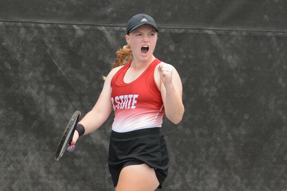 Junior Sophie Abrams yells as she celebrates winning her first set during the NCAA Tournament match against Auburn at Dail Outdoor Tennis Stadium on Saturday, May 13, 2023. Abrams won her singles match 6-1, 6-1. The Wolfpack defeated the Tigers 4-0.