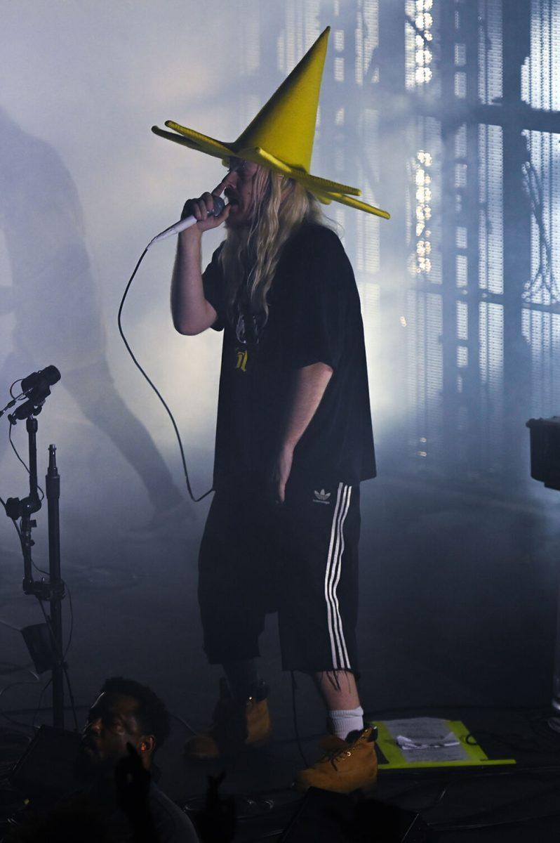 Dylan Brady, one half of 100 Gecs sings at The Ritz - Raleigh on Tuesday, May 2, 2023. The concert, opened by Machine Girl had some of 100 Gecs' biggest hits performed such as "money machine" and "hand crushed by a mallet."