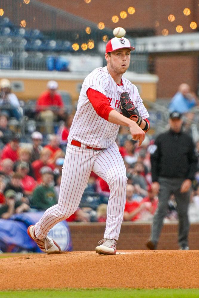 Junior pitcher Sam Highfill pitches the ball during the ACC Tournament game against Miami at Durham Bulls Athletic Park on Thursday, May 25, 2023. Highfill pitched 3.2 innings and struck out three batters for NC State. NC State lost to Miami 4-2.