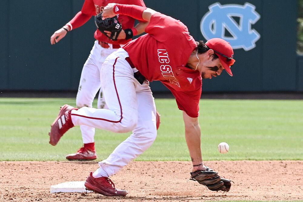 Junior infielder Kalae Harrison attempts to catch the ball during the game against UNC-Chapel Hill at Bryson Field at Boshamer Stadium on Saturday, May 13, 2023. NC State lost to UNC-CH 12-2.
