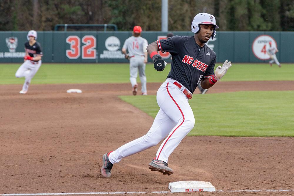 Junior infielder LuJames Groover III rounds third base during the game against Radford at Doak Field at Dail Park on Wednesday, March 1, 2023. Groover made one run. NC State beat Radford 9-7.