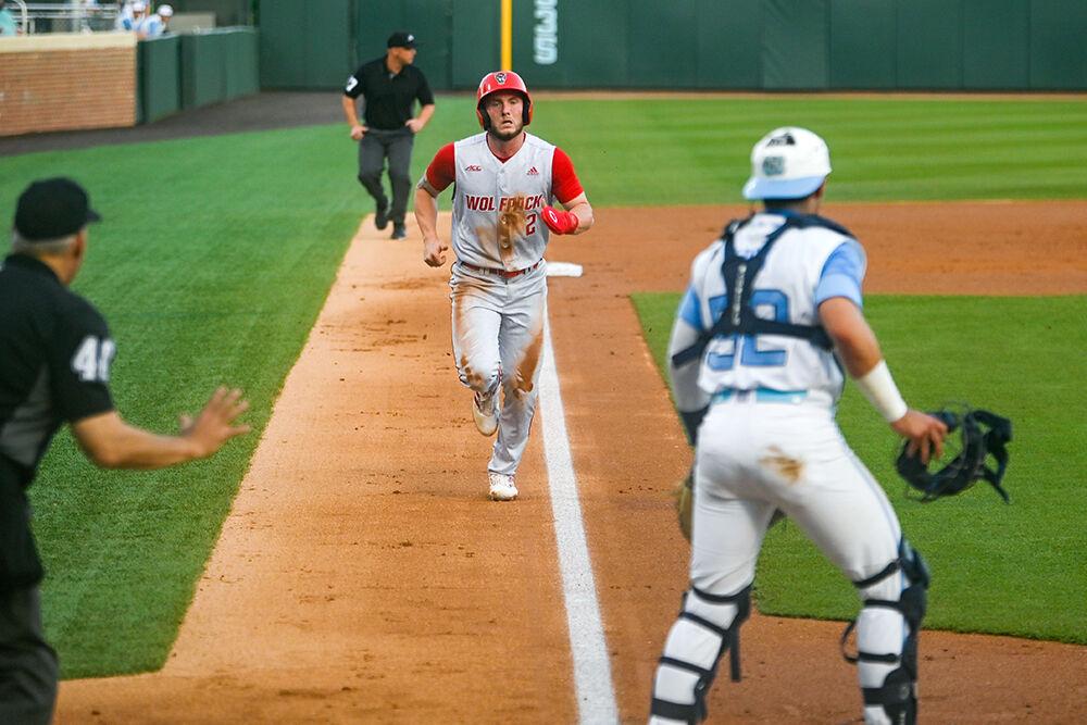 Junior outfielder Noah Soles runs to home plate during the game against UNC-Chapel Hill at Bryson Field at Boshamer Stadium on Thursday, May 11, 2023. Soles had two hits throughout the game. NC State lost 9-8.