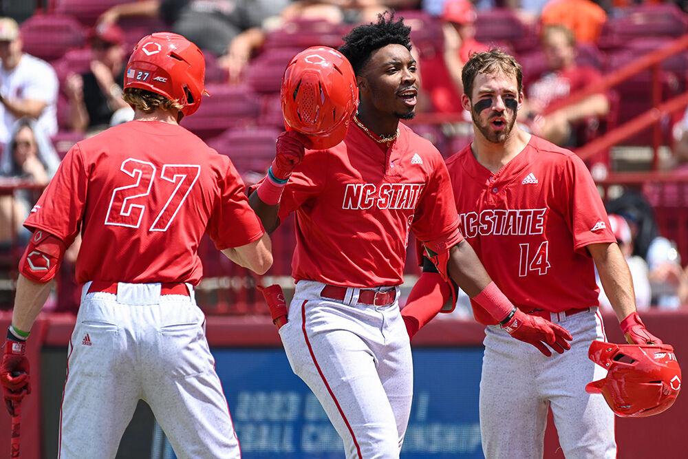 Junior infielder LuJames Groover celebrates hitting a home run during the NCAA Tournament game against Campbell at Founders&#160;Park in Columbia, South Carolina on Friday, June 2, 2023. Groover hit two home runs and had two RBIs. NC State beat Campbell 5-1.