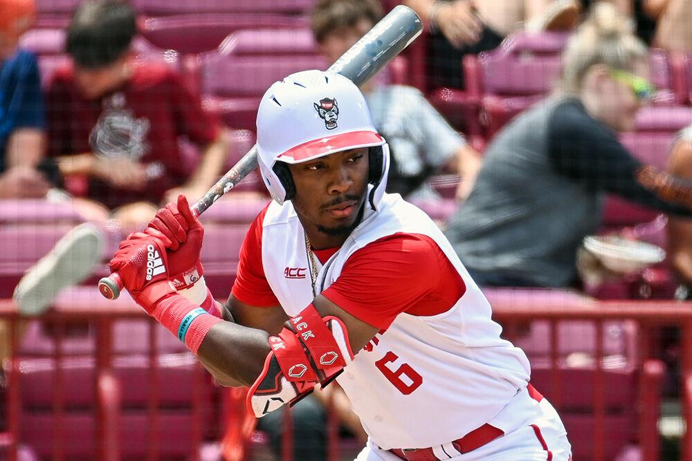 Junior infielder LuJames Groover eyes the ball during an at bat in the NCAA Tournament game against Campbell at Founders Park in Columbia, South Carolina on Sunday, June 4, 2023. NC State lost to Campbell 11-1.
