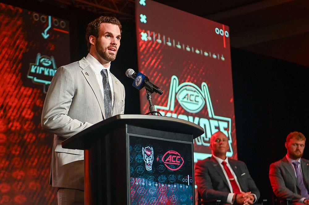 Graduate linebacker Payton Wilson answers a question at the 2023 ACC Kickoff at The Westin Charlotte in Charlotte, NC,&#160;on Thursday, July 27, 2023. Alongside Wilson, graduate quarterback Brennan Armstrong and junior Aydan White represented the Pack.