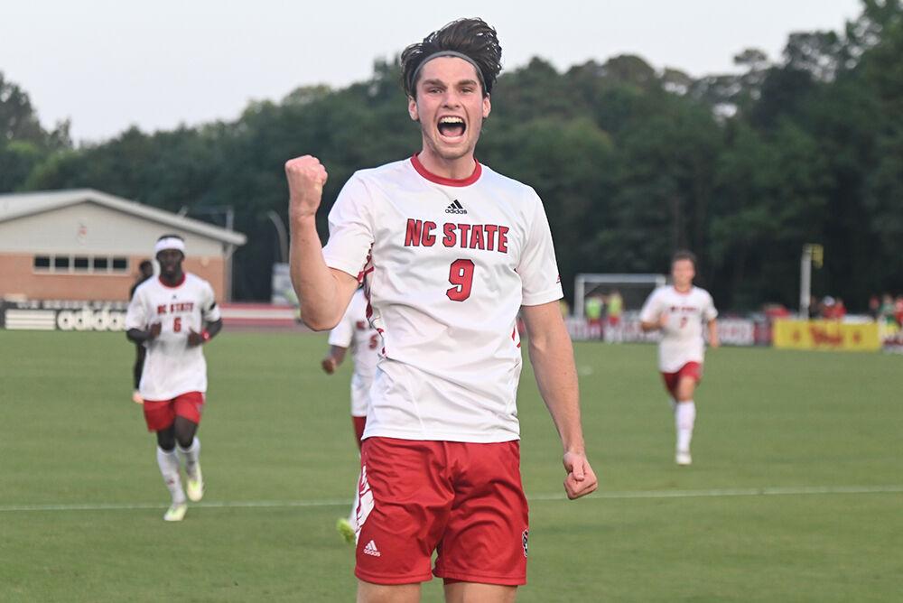 Junior forward Luke Hille celebrates his goal during the exhibition match against the VCU Rams at Dail Soccer Field on Saturday, Aug. 19, 2023. The Wolfpack beat the Rams 3-1.