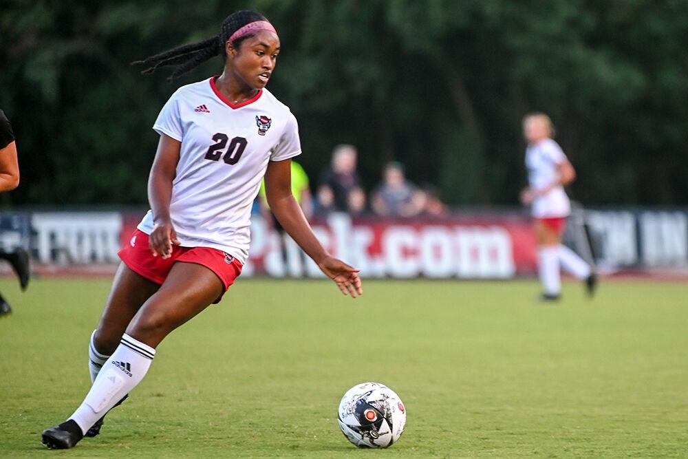 Sophomore defender Brooklyn Holt prepares to kick the ball during the match against Rutgers at Dail Soccer Field on Thursday, Aug. 24, 2023. NC State and Rutgers tied 1-1.