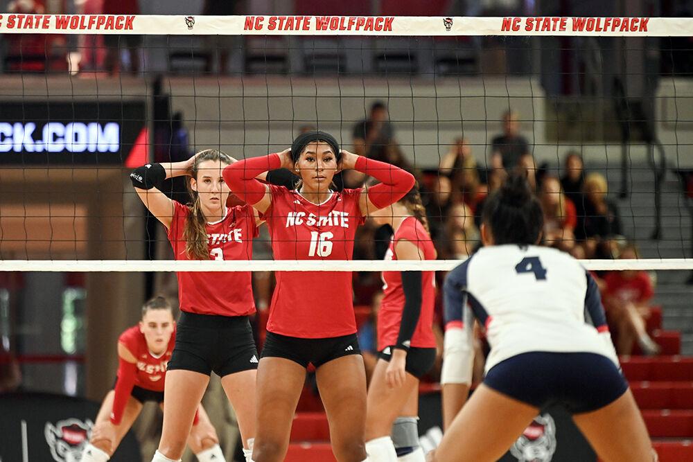 Freshman outside hitter Clara Vondran and junior middle blocker Jada Allen wait for the serve during the game against Howard University&#160;in Reynolds Coliseum on Thursday, Aug. 31, 2023. NC State beat Howard University 3-1.
