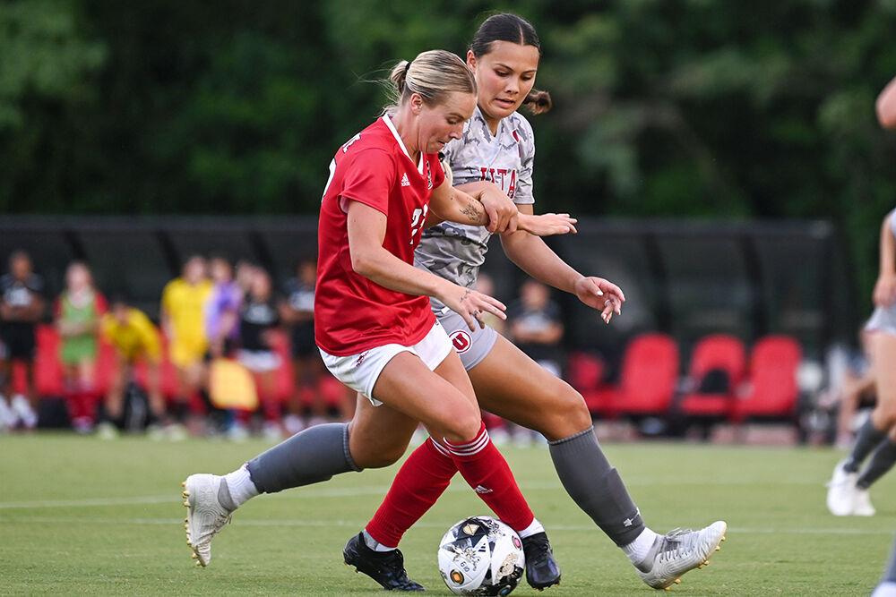 Senior forward Alexis Strickland changes the direction of the ball during the match against Utah at Dail Soccer Field on Thursday, Aug. 17, 2023. NC State and Utah tied 1-1.