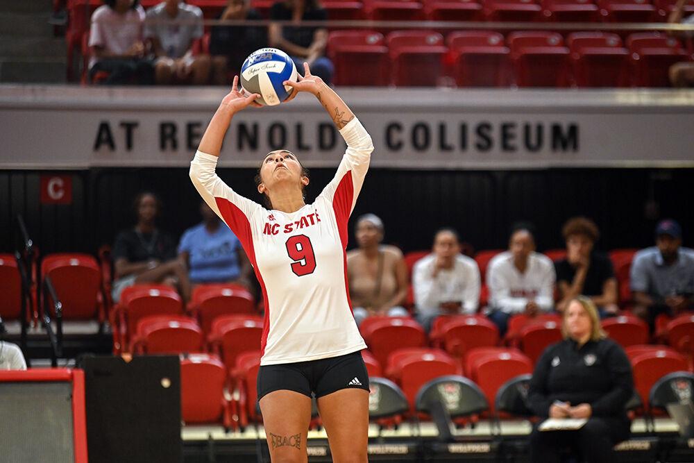 Senior libero Skye Stokes sets the ball during the game against Howard University&#160;in Reynolds Coliseum on Thursday, Aug. 31, 2023. Stokes had 16 digs. NC State beat Howard University 3-1.