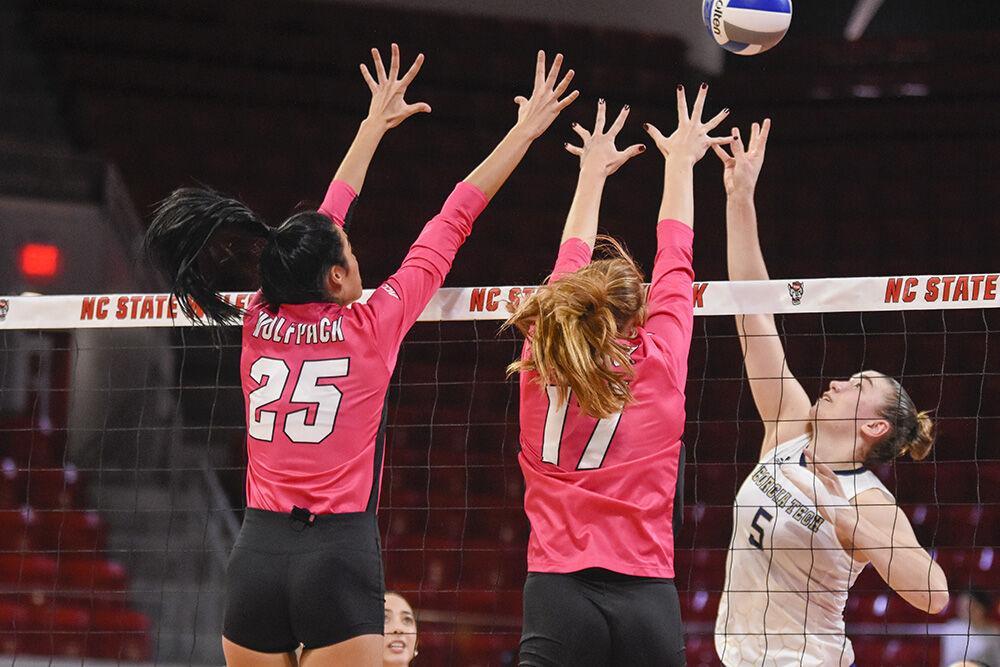 Junior middle blocker Riley Shaak and sophomore opposite hitter Amanda Rice block in the game against Georgia Tech on Sunday, Oct. 30, 2022 in Reynolds Coliseum. Shaak recorded four total blocks and 2.5 points. Rice recorded five kills, one assist, three digs and six points. The Wolfpack lost to the Yellow Jackets 1-3.