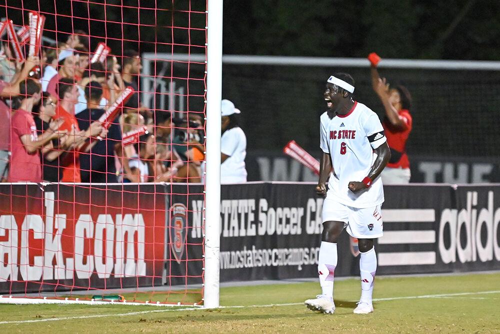Graduate defender Kendall Edwards cheers after the Pack scored in the match against Radford at Dail Soccer Field on Friday, Aug. 25, 2023. Edwards made one shot in the match. The Wolfpack beat the Highlanders 3-1.