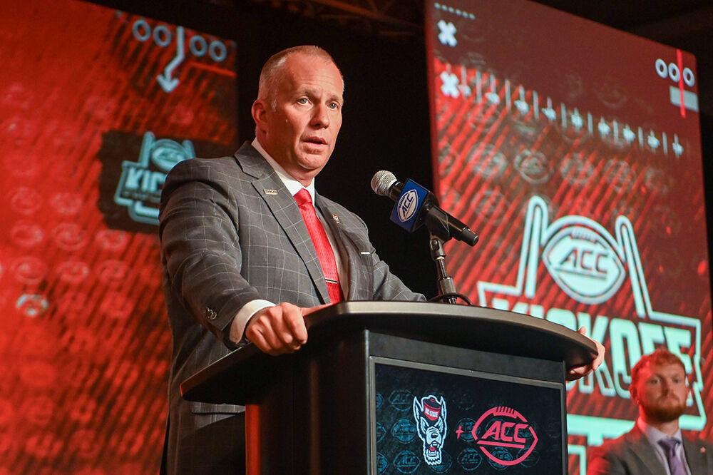 Head coach Dave Doeren answers a question at the 2023 ACC Kickoff at the Westin in Charlotte, NC, on Thursday, July 27, 2023. Doeren mainly discussed the pitfalls of the past season and his hopes for this upcoming season.