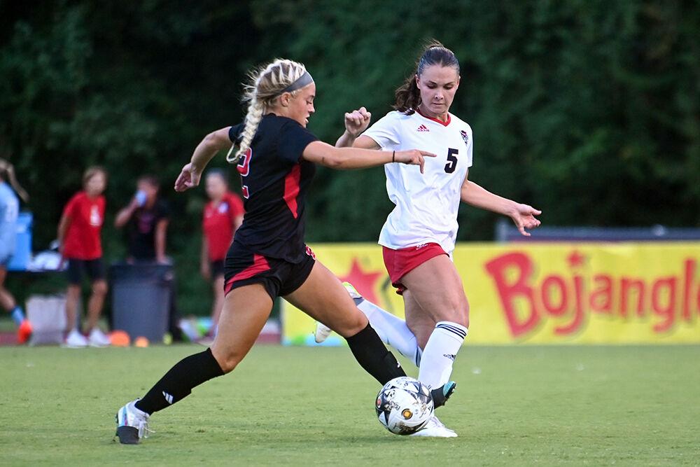 Sophomore defender Alex Mohr attempts to take possession of the ball during the match against Rutgers at Dail Soccer Field on Thursday, Aug. 24, 2023. NC State and Rutgers tied 1-1.
