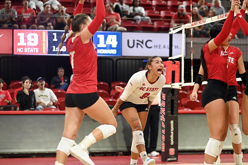 Senior libero Skye Stokes celebrates a scored point during the game against Howard University in Reynolds Coliseum on Thursday, Aug. 31, 2023. Stokes had 16 digs. NC State beat Howard University 3-1.