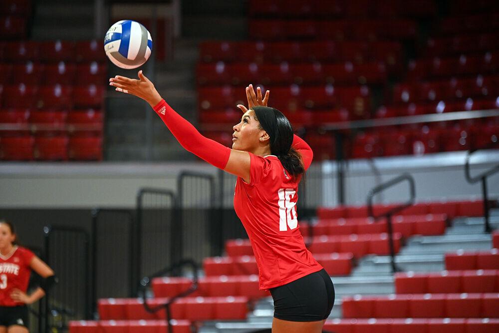 Junior middle blocker Jada Allen serves the ball during the game against Howard University&#160;in Reynolds Coliseum on Thursday, Aug. 31, 2023. Allen had 11 kills for the Wolfpack. NC State beat Howard University 3-1.