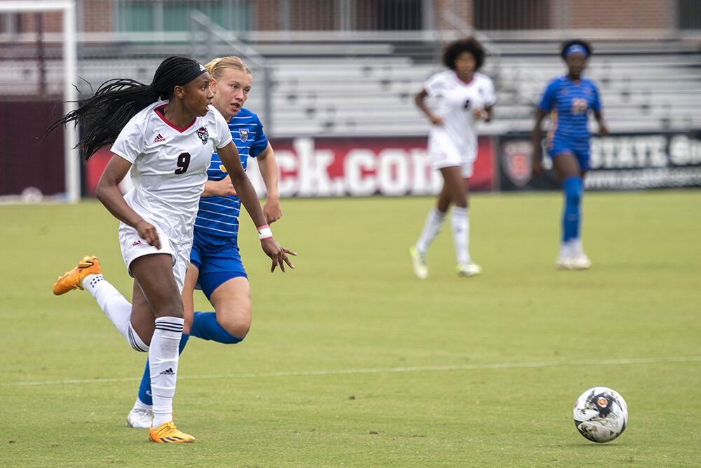 Freshman forward Hannah Jibril competes for the ball during the match against Pitt at Dail Soccer Field on Sunday, Sept. 17, 2023. NC State lost to Pitt 2-0.