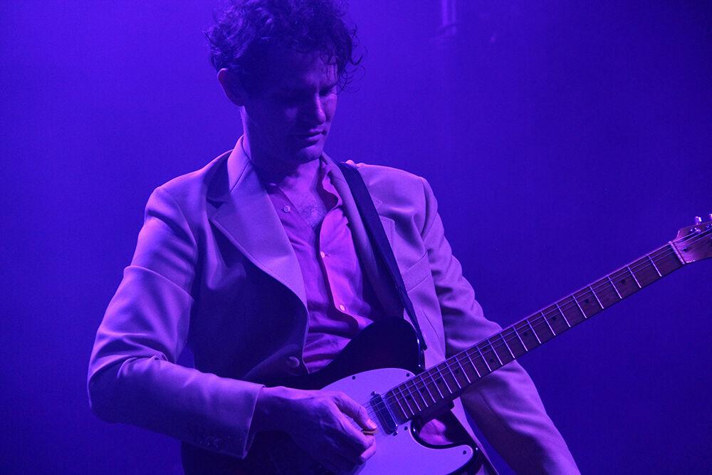 Japanese Breakfast guitarist, Pyotr Osipovich, performs during the Hopscotch Music Festival at City Plaza in Raleigh, NC on Saturday, Sep. 9, 2023. Japanese Breakfast is an indie pop band led by lead musician Michelle Zauner. The band was Hopscotch's closing main event of 2023.