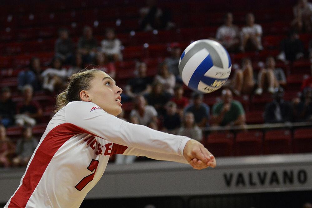Sophomore outside hitter Ava Brizard bumps the ball during the match against George Washington University in Reynolds Coliseum on Wednesday, Sept. 13, 2023. Brizard led the team with 11 kills. The Wolfpack defeated the Revolutionaries 3-0.
