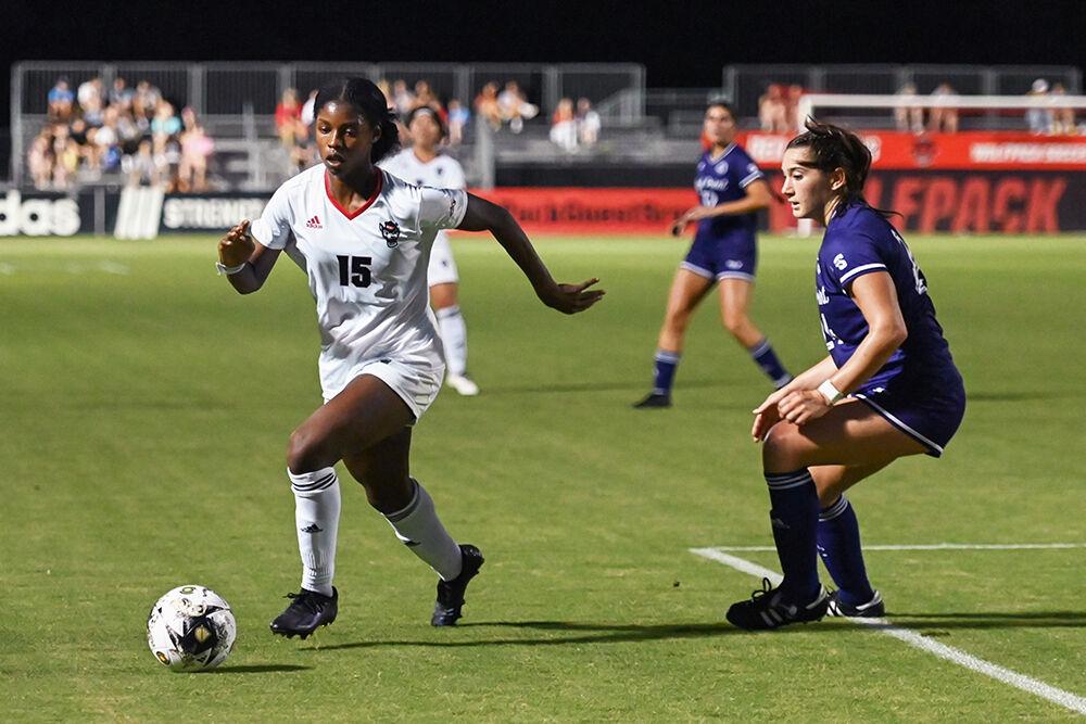 Senior forward Jameese Joseph moves the ball downfield during the match against High Point at Dail Soccer Field on Thursday, Sept. 14, 2023. Joseph attempted three shots on the goal and five shots total. NC State and High Point tied 2-2.
