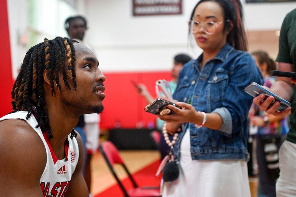 Junior guard Kam Woods listens to a reporters question during the men's basketball media day at Dail Basketball Center on Thursday, Sept. 21, 2023.