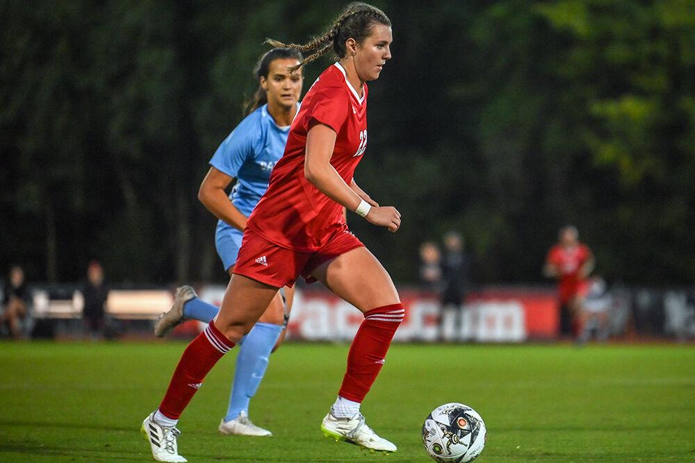 Sophomore defender Taylor Chism dribbles the ball down the field during the match against UNC-Chapel Hill on Saturday, Sept. 30, 2023. For the second time this season, NC State has set a new attendance record for women's soccer with 3,972 people. NC State lost 4-0 to Chapel Hill.