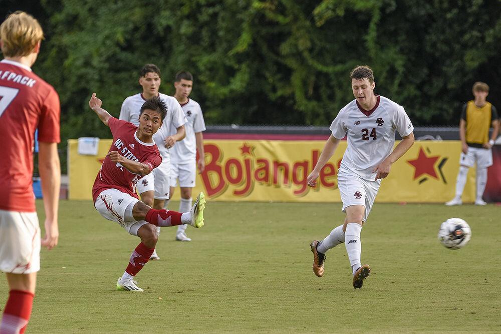 Freshman center midfielder Yuta Toya kicks the ball during the match against Boston College at Dail Soccer Field on Friday, Sept. 8, 2023. NC State beat Boston College 2-0.