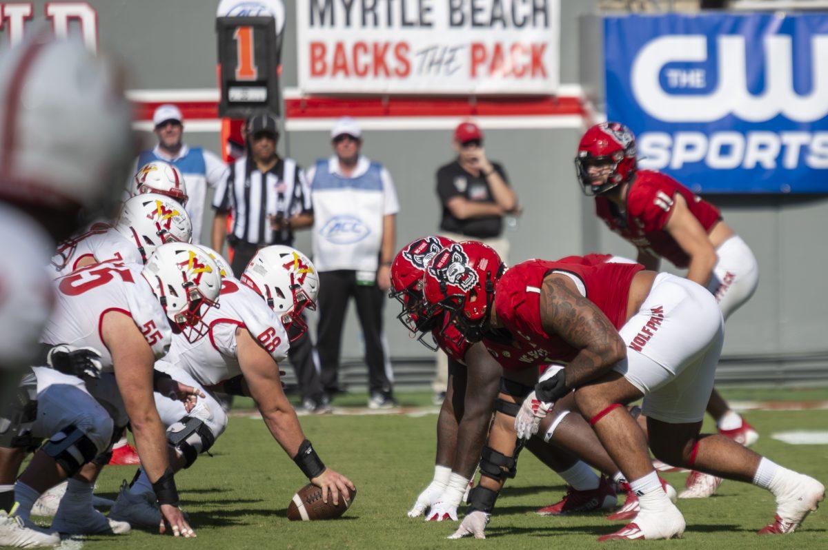 In this file photo taken Sept. 16, 2023, junior defensive tackle David Vann waits for the snap during the football game against Virginia Military Institute in Carter-Finley Stadium. This week, the NC State football team traveled to Charlottesville, Virginia to play the University of Virginia. NC State beat Virginia 24-21.