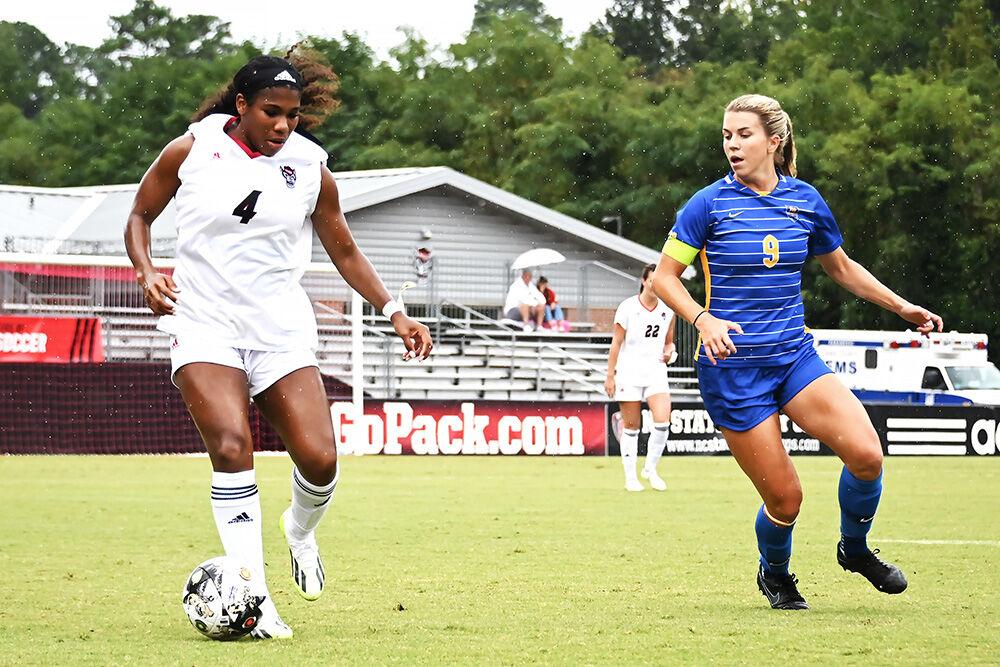 Senior forward Leyah Hall-Robinson dribbles the ball up the field during the match&#160;against Pitt at Dail Soccer Field on Sunday, Sept. 17, 2023. Hall-Robinson made one shot attempt. NC State lost to Pitt 2-0.