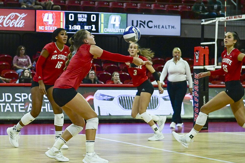 Sophomore outside hitter Ava Brizard bumps the ball during the game against UNC-Charlotte at Reynolds Coliseum on&#160;Tuesday, September 12, 2023. Brizard had nine digs for the Wolfpack. NC State beat UNC-Charlotte 3-0.