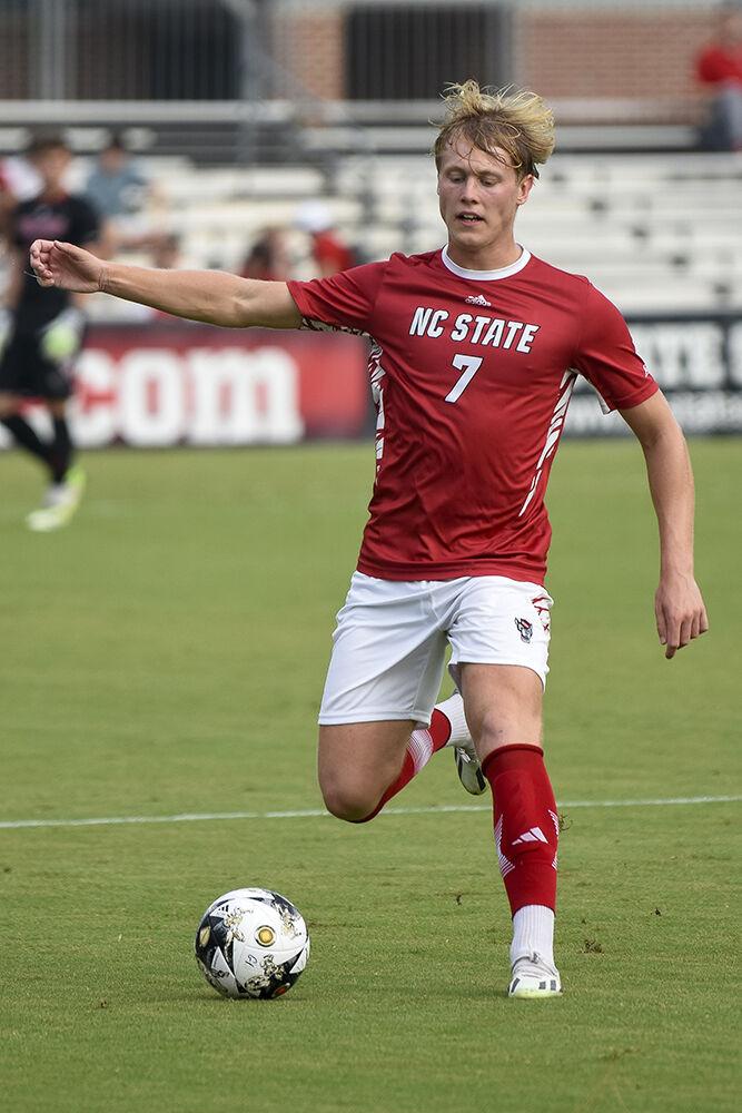 Junior defender Jarvis Cleal prepares to kick the ball during the match against Boston College at Dail Soccer Field on Friday, Sept. 8, 2023. NC State beat Boston College 2-0.