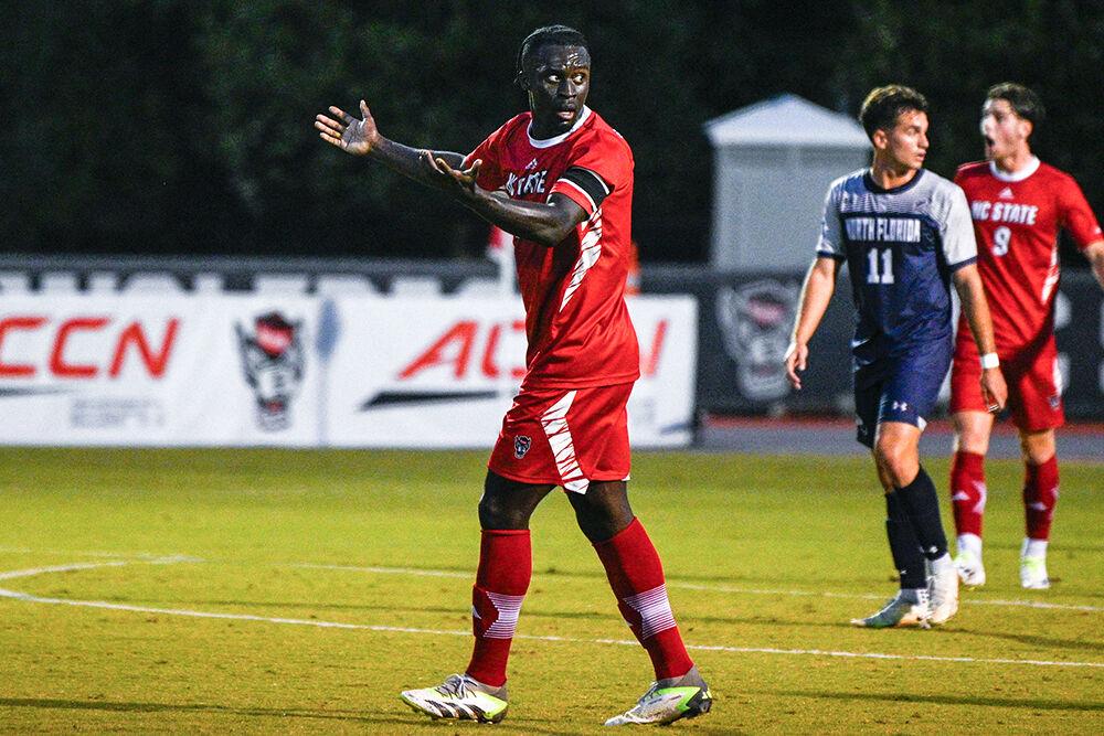Graduate defender Kendall Edwards gets frustrated with the referees during the match against the University of North Florida at Dail Soccer Field on Wednesday, Sept. 20, 2023. NC State beat the University of North Florida 1-0.