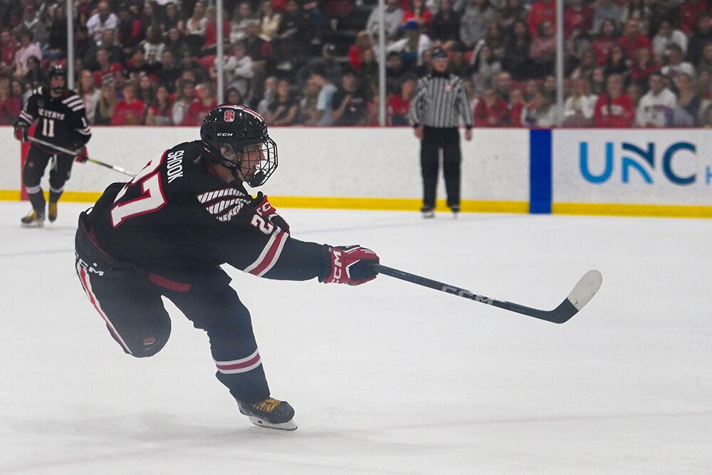 Freshman forward Nick Shook shoots the puck during the game against ECU at Wake Competition Center on Friday, Sept. 8, 2023. The Icepack won 17-3.