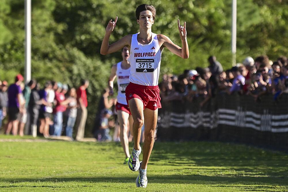 Senior runner JJ Malach crosses the finish line at the Adidas XC Challenge at WakeMed Soccer Park on Sept. 15, 2023. Malach individually finished in first with a time of 17:50.9. The NC State men's team placed first in the 6k event with a total of 15 points.