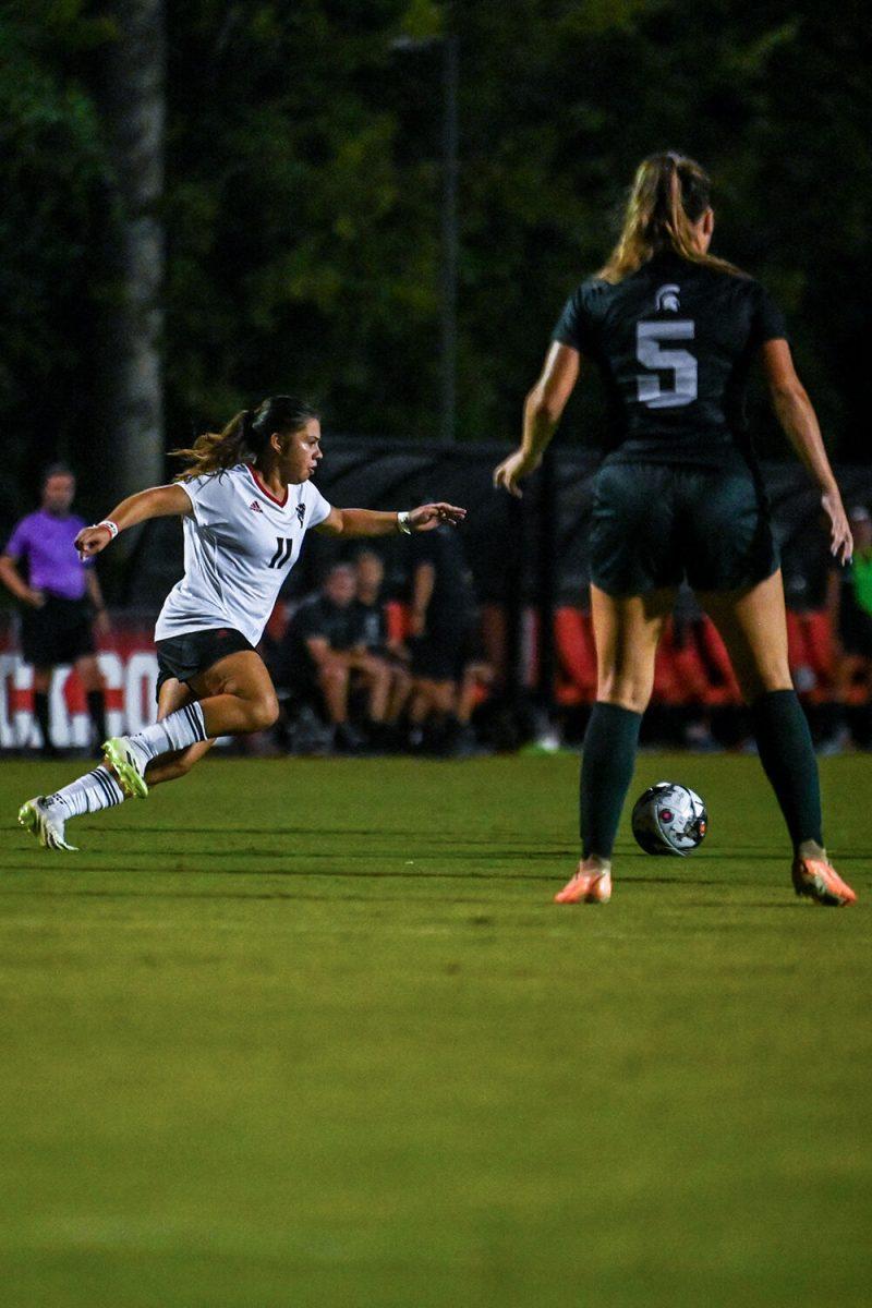 Junior defender Fernanda Soto dribbles the ball down the field during the&#160;match against Michigan State at Dail Soccer Field on Thursday, Sept. 7, 2023. NC State lost to Michigan State 2-1.