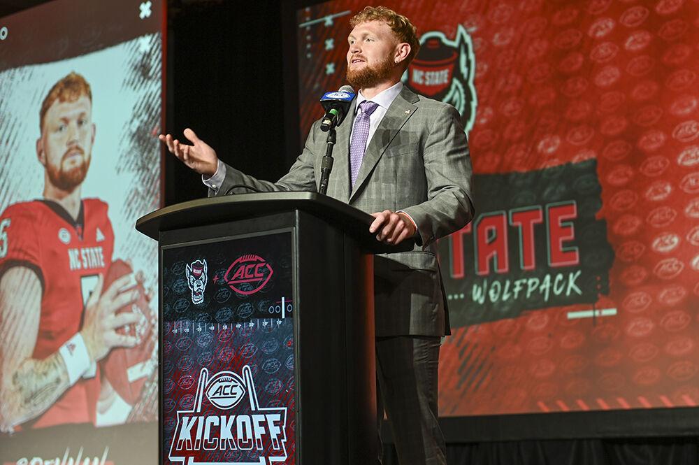 Graduate quarterback Brennan Armstrong answers a question during the 2023 ACC Kickoff at The Westin Charlotte in Charlotte, NC,&#160;on Thursday, July 27, 2023. Also representing the Pack was graduate linebacker Payton Wilson and junior cornerback Aydan White.