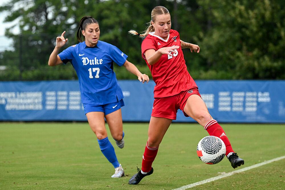 Senior forward Alexis Strickland stops the ball from going out during the match against Duke at Koskinen Stadium in Durham on Sunday, Sept. 24, 2023. NC State and Duke tied 0-0.