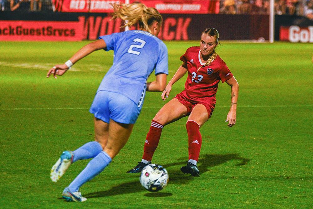 Senior forward Alexis Strickland keeps her eyes on the ball during the game against UNC-Chapel Hill at Dail Soccer Field on Saturday, Sept. 30, 2023. NC State lost 4-0 to Chapel Hill.