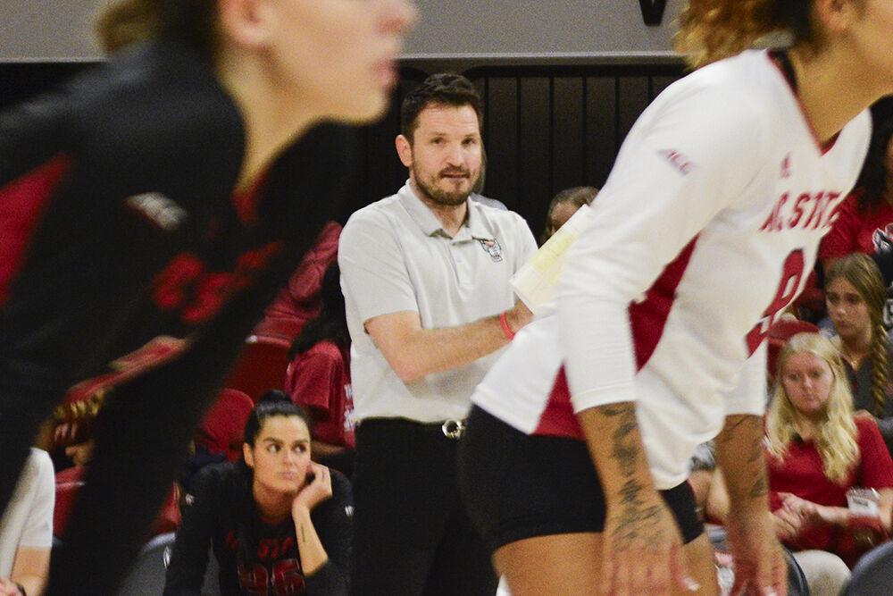 Head coach Luka Slabe focuses in on the match against Notre Dame at Reynolds Coliseum on Friday, Sept. 29, 2023. NC State beat Notre Dame 3-0.