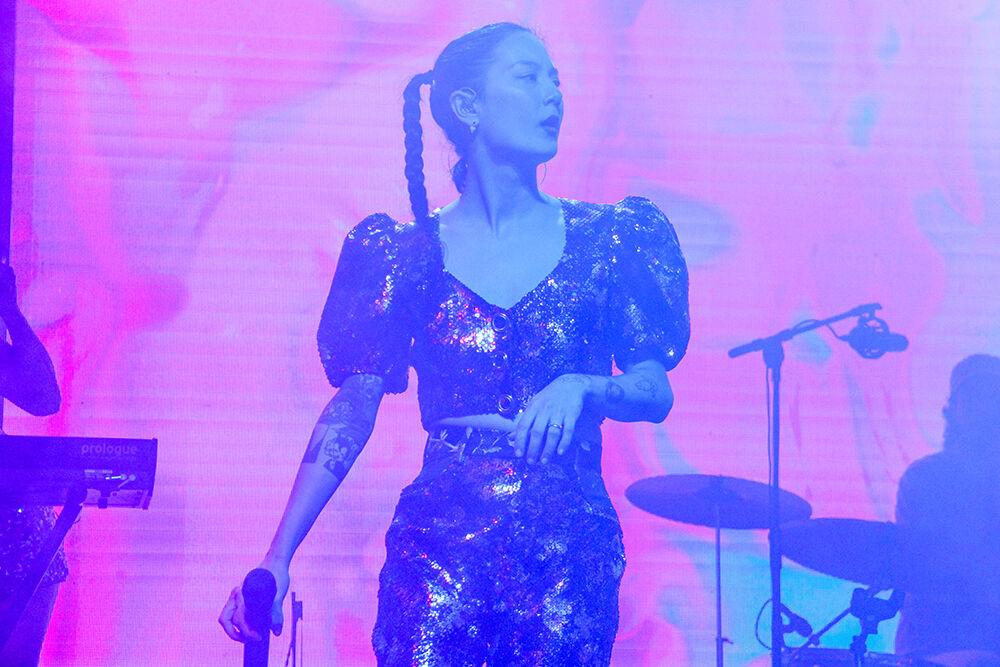 Japanese Breakfast performs during the Hopscotch Music Festival at City Plaza in Raleigh, NC on Saturday, Sep. 9, 2023. Japanese Breakfast is an indie pop band led by lead musician Michelle Zauner. The band was Hopscotch's closing main event of 2023.