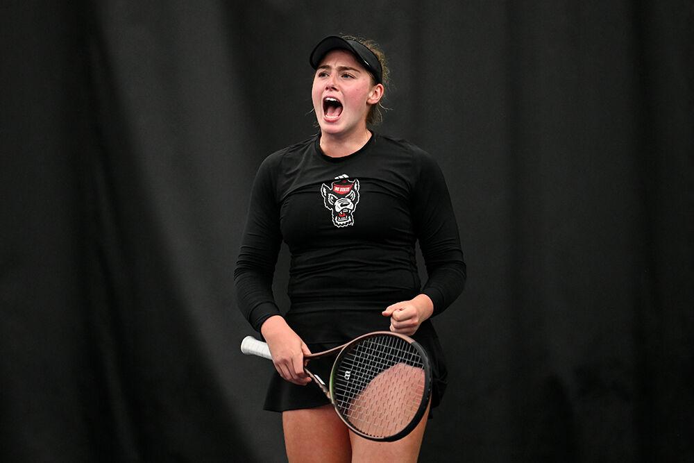 Senior Amelia Rajecki celebrates winning her singles match against Texas A&amp;M during the College Ranked Spotlight at Cary Tennis Park on Saturday, Sept. 23, 2023. Rajecki won the match 6-4, 6-2.