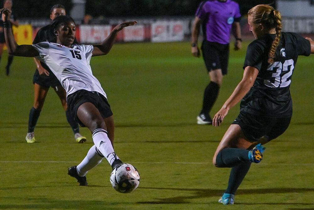 Senior forward Jameese Joseph passes the ball during the match against Michigan State at Dail Soccer Field on Thursday, Sept. 7, 2023. NC State lost to Michigan State 2-1.