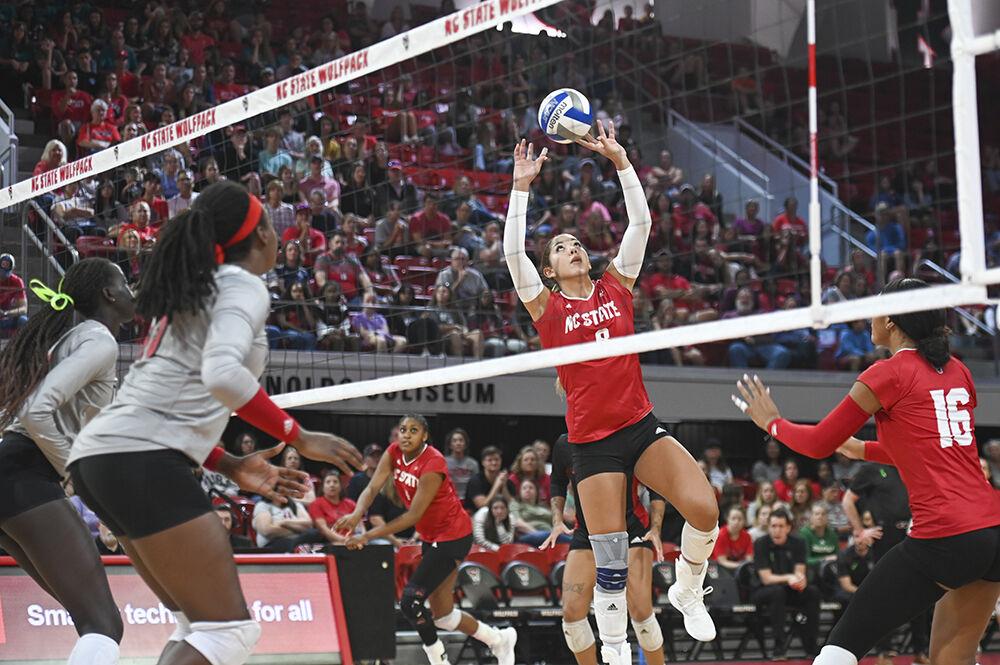 Senior setter Naomi Cabello bounces the ball over the net during the match against Louisville in Reynolds Coliseum on Sunday, Oct. 1, 2023. NC State beat Louisvile 3-1.