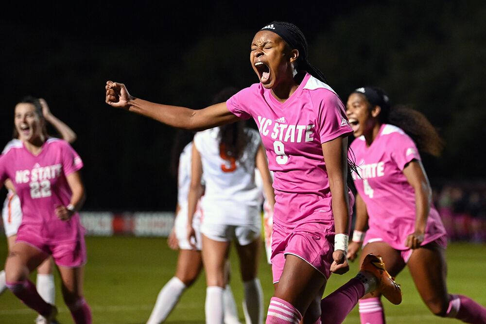 Freshman forward Hannah Jibril celebrates after scoring her first career goal during the match against Syracuse at Dail Soccer Field on Thursday, Oct. 19, 2023. Jibril made two shots and scored one goal. NC State beat Syracuse 2-0.