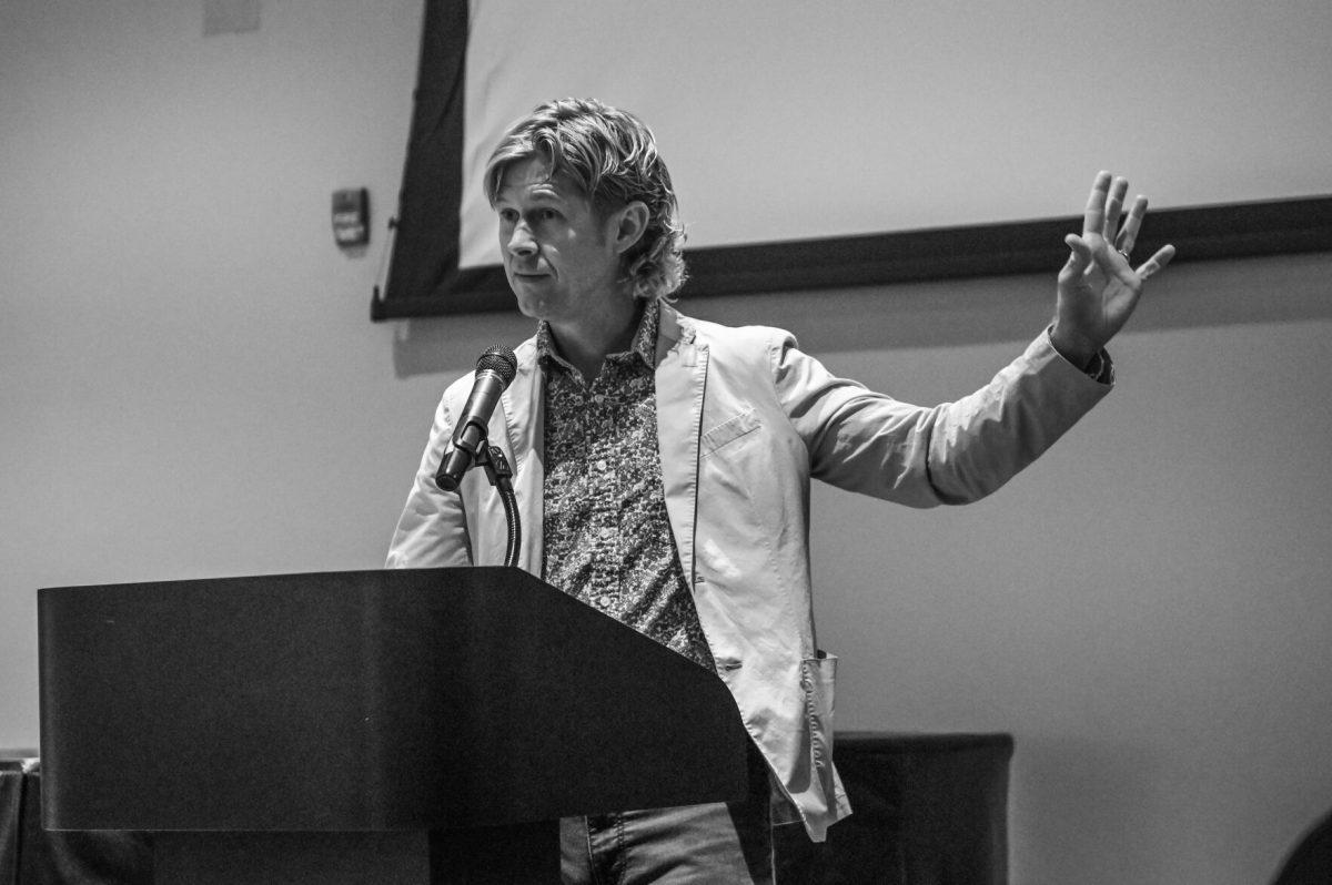 Paul Fyfe, an associate professor of English, speaking to the audience in Caldwell hall on Tuesday, Oct 24, 2023. The event was held to discuss ChatGPT and other AI in the Classroom and how to combat it.