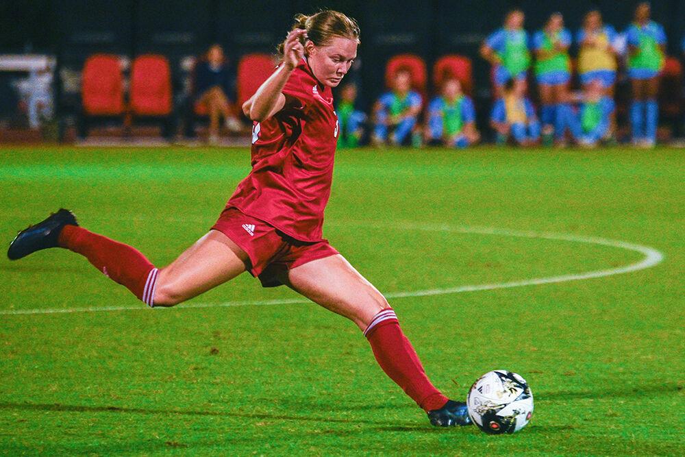Junior defender Brianna Weber gets ready to kick the ball during the game against UNC-Chapel Hill at Dail Soccer Field on Saturday, Sept. 30, 2023. NC State lost 4-0 to Chapel Hill.