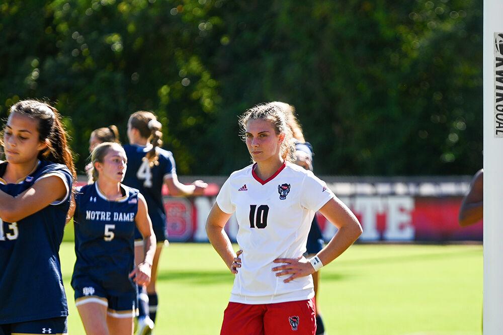 Junior midfielder Annika Wohner prepares for a NC State corner kick during the match against Notre Dame at Dail Soccer Field on Sunday, Oct. 22, 2023. NC State lost to Notre Dame 1-0.