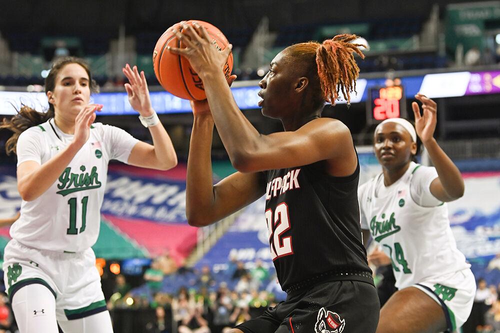 Sophomore guard Saniya Rivers prepares to shoot the ball at the game against Notre Dame in Greensboro Coliseum on Friday, March 3, 2023. Rivers scored 14 points. The Wolfpack lost to the Fighting Irish 66-60.