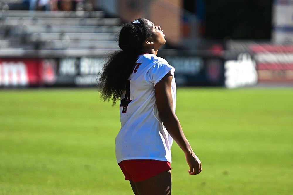 Senior forward Leyah Hall-Robinson looks in disappointment at a call made during the match against Notre Dame at Dail Soccer Field on Sunday, Oct. 22, 2023. NC State lost to Notre Dame 1-0.