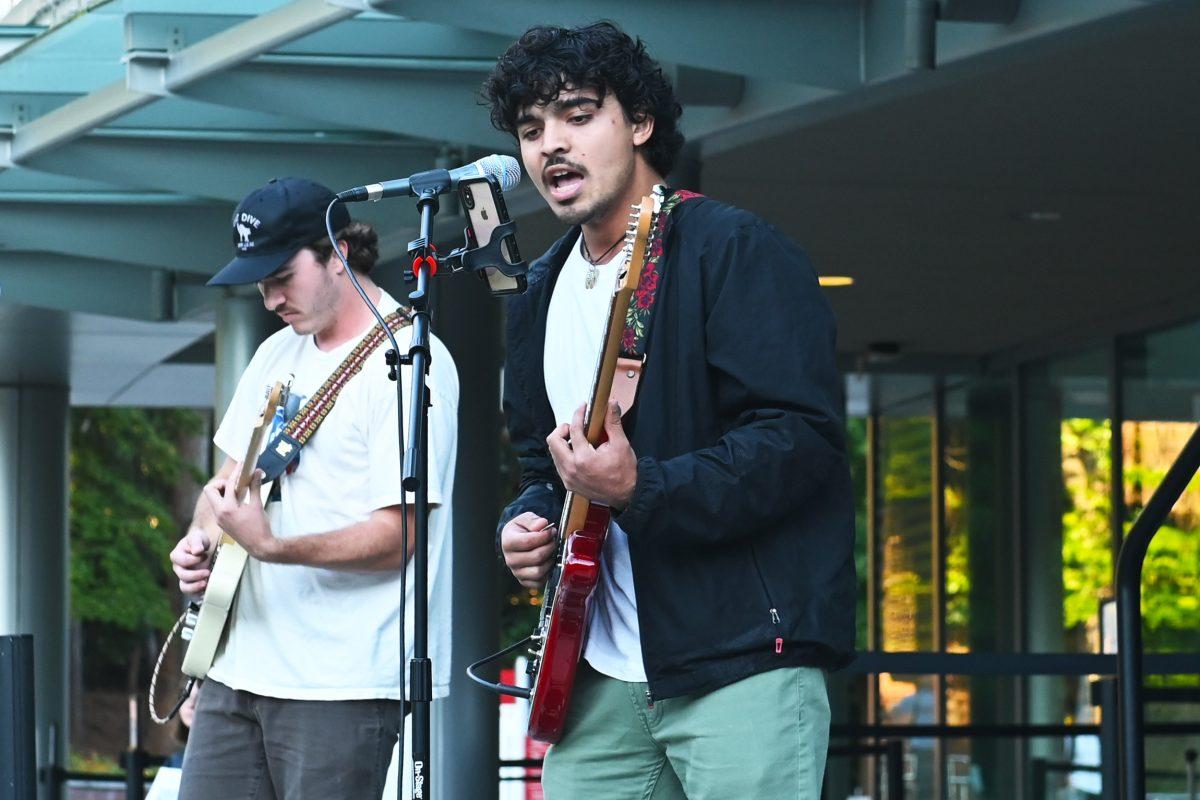 Jordan Knopf of Avent Ferry sings during the Battle of the Bands hosted by the UAB at Stafford Commons on Thursday, Oct. 19, 2023. The Battle of the Bands was an event where four local bands, Armadillo, Moving Boxes, The Layaways and Avent Ferry competed to be voted the best band by fellow NC State students.